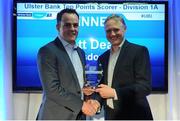 18 May 2016; Scott Deasy, Lansdowne, Dublin, is presented his Ulster Bank Division 1A Top Points Scorer award by Ireland head coach Joe Schmidt, who was on hand to present the awards which recognise the commitment and dedication shown by players across all Ulster Bank League divisions. Ulster Bank League Awards. Aviva Stadium, Lansdowne Road, Dublin. Photo by Seb Daly/Sportsfile