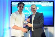 18 May 2016; Joey Carbery, Clontarf, Dublin, is presented his Ulster Bank Division 1A Rising Star of the Year award by Ireland head coach Joe Schmidt, who was on hand to present the awards which recognise the commitment and dedication shown by players across all Ulster Bank League divisions. Ulster Bank League Awards. Aviva Stadium, Lansdowne Road, Dublin. Photo by Seb Daly/Sportsfile