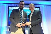 18 May 2016; Brendan Guilfoyle, Old Crescent, Co. Limerick, is presented his Ulster Bank Division 2C Player of the Year award by Ireland head coach Joe Schmidt, who was on hand to present the awards which recognise the commitment and dedication shown by players across all Ulster Bank League divisions. Ulster Bank League Awards. Aviva Stadium, Lansdowne Road, Dublin. Photo by Seb Daly/Sportsfile