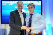 18 May 2016; Angus Lloyd, Dublin Uni/Trinity, Dublin, is presented his Ulster Bank Division 1B Player of the Year award by Ireland head coach Joe Schmidt, who was on hand to present the awards which recognise the commitment and dedication shown by players across all Ulster Bank League divisions. Ulster Bank League Awards. Aviva Stadium, Lansdowne Road, Dublin. Photo by Seb Daly/Sportsfile