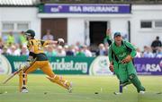 17 June 2010; Ireland wicketkeeper Gary Wilson celebrates the wicket of Australia's Michael Clarke who was bowled for a duck by Alex Cusack. RSA One Day International Challenge Match, Ireland v Australia, Clontarf, Dublin. Picture credit: Brendan Moran / SPORTSFILE