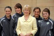 17 June 2010; Minister for Tourism, Culture and Sport Mary Hanafin T.D., with players, from left to right, Megan Campbell, Amanda Budden, Dora Gorman and Clare Shine during a visit to the Republic of Ireland Womens' U-17 squad ahead of the UEFA Womens’ Under-17 Championship. Bewleys Hotel, Clonshaugh, Dublin. Picture credit: Barry Cregg / SPORTSFILE