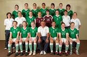 17 June 2010; The Republic of Ireland squad. Back row, from left, Clare Shine, Megan Campbell, Ciara O'Brien, Rianna Jarrett, Tanya Kennedy, Aileen Gilroy, Stacie Donnelly, middle row, from left, Suzi Clarke, Doctor, Harry Kenny, Coach, Jessica Gleeson, Grace Moloney, Amanda Budden, Jennifer Byrne, Sharon Boyle, Coach, Ursula Brooks, Physiotherapist, front row, from left, Ciara Grant, Siobhan Killeen, Niamh McLaughlin, Dora Gorman, Kerry Ann Glynn and Denise O'Sullivan. UEFA Women's Under 17 Championship Finals, Republic of Ireland Portraits, Bewley’s Hotel, Stockhole Lane, Dublin. Picture credit: Stephen McCarthy / SPORTSFILE