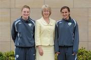 17 June 2010; Minister for Tourism, Culture and Sport Mary Hanafin T.D., meets with Aileen Gilroy, left, and captain Dora Gorman during a visit to the Republic of Ireland Womens' U-17 team hotel ahead of their UEFA Championship Finals. Bewlets Hotel, Stockhole Lane, Dublin. Picture credit: Stephen McCarthy / SPORTSFILE