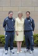 17 June 2010; Minister for Tourism, Culture and Sport Mary Hanafin T.D., meets with Jessica Gleeson, left, and Ciara O'Brien during a visit to the Republic of Ireland Womens' U-17 team hotel ahead of their UEFA Championship Finals. Bewlets Hotel, Stockhole Lane, Dublin. Picture credit: Stephen McCarthy / SPORTSFILE