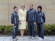17 June 2010; Minister for Tourism, Culture and Sport Mary Hanafin T.D., meets with players, from left, Kerry Ann Glynn, Grace Moloney and Stacie Donnelly during a visit to the Republic of Ireland Womens' U-17 team hotel ahead of their UEFA Championship Finals. Bewlets Hotel, Stockhole Lane, Dublin. Picture credit: Stephen McCarthy / SPORTSFILE