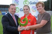 19 June 2010; Cork's Anna Geary, is presented with the Gala Performance Award by Shane Byrne, Regional Manage Gala and Marie Kearney, Camogie Association. Gala All-Ireland Senior Championship, Cork v Kilkenny, Pairc Ui Rinn, Cork. Picture credit: Matt Browne / SPORTSFILE