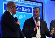 18 May 2016; Stephen Ferris, right, Ulster Bank Ambassador, pictured at the fourth annual Ulster Bank League Awards in the Aviva Stadium, during a panel discussion. Ireland Head Coach, Joe Schmidt, was on hand to present the awards which recognise the commitment and dedication shown by players across all Ulster Bank League divisions. Ulster Bank League Awards. Aviva Stadium, Lansdowne Road, Dublin. Photo by Seb Daly/Sportsfile