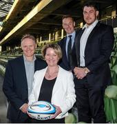 18 May 2016; From left to right, Ireland head coach Joe Schmidt, Maeve McMahon, Director of Customer Experience and Products Ulster Bank, Paul Stanley, Interim CEO Ulster Bank, and Conor Kindregan, Division 1A Player of the Year, pictured at the fourth annual Ulster Bank League Awards in the Aviva Stadium. Ireland Head Coach, Joe Schmidt, was on hand to present the awards which recognise the commitment and dedication shown by players across all Ulster Bank League divisions. Ulster Bank League Awards. Aviva Stadium, Lansdowne Road, Dublin. Photo by Seb Daly/Sportsfile