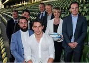 18 May 2016; From left to right, Andy Wood, Division 1A Coach of the Year, Mick McGrath, Division 1A Top Try Scorer, Conor Kindregan, Division 1A Player of the Year, Joey Carbery, Division 1A Rising Star of the Year, Paul Stanley, Interim CEO Ulster Bank, Ireland head coach Joe Schmidt, Maeve McMahon, Director of Customer Experience and Products Ulster Bank, and Scott Deasy, Division 1A Top Points Scorer, pictured at the fourth annual Ulster Bank League Awards in the Aviva Stadium. Ireland Head Coach, Joe Schmidt, was on hand to present the awards which recognise the commitment and dedication shown by players across all Ulster Bank League divisions. Ulster Bank League Awards. Aviva Stadium, Lansdowne Road, Dublin. Photo by Seb Daly/Sportsfile