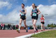 19 May 2016; Andrew Bell, left, St Geralds Castlebar, Co. Mayo, and Orlaith Delahunt, right, Ursuline Sligo, Co. Sligo, in action during the Senior Boys and Girls 3000m Walk event. GloHealth Connacht Schools Track & Field Championships, Athlone I.T., Athlone, Co. Westmeath Photo by Seb Daly/Sportsfile