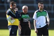 15 May 2016; Pete McGrath, Fermanagh manager, centre, Simon Bradley, selector, left, and Raymond Johnston, assistant manager, during the Ulster GAA Football Senior Championship Preliminary Round, Fermanagh v Antrim in Brewster Park, Enniskillen. Photo by Oliver McVeigh/Sportsfile