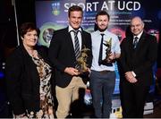 19 May 2016; Josh Van Der Flier, left, UCD Rugby, and Jack McCaffrey, UCD GAA, who both won the Dr. Tony O’Neill Sports Person of the Year Award, pictured with Marjorie Fitzpatrick, sister of Dr Tony O'Neill, and UCD President  Prof. Andrew Deeks at the Bank of Ireland UCD Athletic Union Council Sport Awards ceremony in the UCD Student Centre. Over 500 students from over 30 different sports clubs were honoured for their sporting achievements on behalf of the University over the last twelve months. Astra Hall, Student Centre, UCD, Belfield, Dublin. Photo by Sam Barnes/Sportsfile