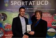 19 May 2016; Monaghan Footballer Ryan Wylie receives the 'Dr Padraic Conway Medal' from Aine Conway, Dr Padraic's wife, at the Bank of Ireland UCD Athletic Union Council Sport Awards ceremony in the UCD Student Centre. Over 500 students from over 30 different sports clubs were honoured for their sporting achievements on behalf of the University over the last twelve months. Astra Hall, Student Centre, UCD, Belfield, Dublin. Photo by Sam Barnes/Sportsfile