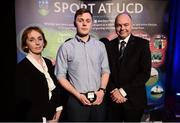 19 May 2016; UCD Karate Club Captain Jack Roche receives the 'David O'Connor Memorial Medal' from Prof. Grace Mulcahy, Dean of Veterinary Medicine, left, and Prof. Andrew Deeks, UCD President, at the Bank of Ireland UCD Athletic Union Council Sport Awards ceremony in the UCD Student Centre. Over 500 students from over 30 different sports clubs were honoured for their sporting achievements on behalf of the University over the last twelve months. Astra Hall, Student Centre, UCD, Belfield, Dublin. Photo by Sam Barnes/Sportsfile