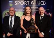 19 May 2016; Alice O’Callaghan, UCD Ladies Rugby Club, receives the 'Gerry Horkan Club Administrator of the Year' from Gerry Horkan, President of the AUC, left, and Prof. Andrew Deeks, UCD President, at the Bank of Ireland UCD Athletic Union Council Sport Awards ceremony in the UCD Student Centre. Over 500 students from over 30 different sports clubs were honoured for their sporting achievements on behalf of the University over the last twelve months. Astra Hall, Student Centre, UCD, Belfield, Dublin. Photo by Sam Barnes/Sportsfile