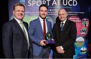 19 May 2016; Jeremy Duncan, UCD Men's Hockey Team Captain, receives the 'Elite Team of the Year Award' from  Prof. Andrew Deeks, UCD President, at the Bank of Ireland UCD Athletic Union Council Sport Awards ceremony in the UCD Student Centre. Over 500 students from over 30 different sports clubs were honoured for their sporting achievements on behalf of the University over the last twelve months. Astra Hall, Student Centre, UCD, Belfield, Dublin. Photo by Sam Barnes/Sportsfile