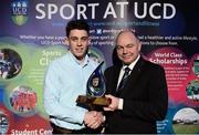 19 May 2016; Gary O'Neill, UCD Men's Soccer Club Captain, receives the 'Elite Club of the Year Award' from  Prof. Andrew Deeks, UCD President, at the Bank of Ireland UCD Athletic Union Council Sport Awards ceremony in the UCD Student Centre. Over 500 students from over 30 different sports clubs were honoured for their sporting achievements on behalf of the University over the last twelve months. Astra Hall, Student Centre, UCD, Belfield, Dublin. Photo by Sam Barnes/Sportsfile