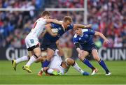 20 May 2016; Luke Fitzgerald of Leinster is tackled by Paddy Jackson, left, and Chris Henry of Ulster during the Guinness PRO12 Play-off match between Leinster and Ulster at the RDS Arena in Dublin. Photo by Stephen McCarthy/Sportsfile