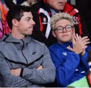 20 May 2016; Golfer Rory McIlroy, left, and singer Niall Horan watch the Guinness PRO12 Play-off match between Leinster and Ulster at the RDS Arena in Dublin. Photo by Ramsey Cardy/Sportsfile