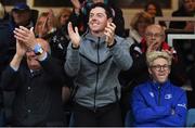 20 May 2016; Golfer Rory McIlroy, left, celebrates an Ulster try as Niall Horan of One Direction looks away during the Guinness PRO12 Play-off match between Leinster and Ulster at the RDS Arena in Dublin. Photo by Stephen McCarthy/Sportsfile