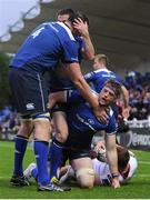 20 May 2016; Jamie Heaslip of Leinster, right, is congratulated by team-mates Devin Toner and Jonathan Sexton after scoring his side's second try of the match during the Guinness PRO12 Play-off match between Leinster and Ulster at the RDS Arena in Dublin. Photo by Seb Daly/Sportsfile