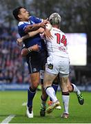 20 May 2016; Ben Te'o of Leinster is tackled by Andrew Trimble, right, and Ruan Pienaar, behind, of Ulster, during the Guinness PRO12 Play-off match between Leinster and Ulster at the RDS Arena in Dublin. Photo by Seb Daly/Sportsfile
