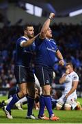 20 May 2016; Sean Cronin of Leinster celebrates after scoring his side's third try with team-mate Dave Kearney, left, during the Guinness PRO12 Play-off match between Leinster and Ulster at the RDS Arena in Dublin. Photo by Stephen McCarthy/Sportsfile