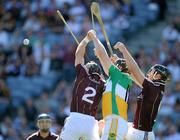 20 June 2010; Joe Brady, centre, Offaly, contests a dropping ball with Damien Joyce, left, and Tony Og Regan, Galway. Leinster GAA Hurling Senior Championship Semi-Final, Galway v Offaly, Croke Park, Dublin. Picture credit: Brendan Moran / SPORTSFILE