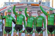 18 June 2010; Winners of the team prize, the An Post Sean Kelly team, salute the crowd from the podium following The Halfords Tour Series city centre criterium in Belfast. Halfords Tour Series, Belfast, Antrim. Picture credit: Stephen McCarthy / SPORTSFILE