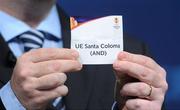 21 June 2010; UEFA General Secretary Gianni Infantino draws the first team, UE Santa Coloma, Andorra, who will face FK Mogren, Montenegro, following the UEFA Europa League First Qualifying Round Draw. This was the first name out of the draw ahead of this years final at the Dublin Arena. UEFA Headquarters, Nyon, Switzerland. Picture credit: Stephen McCarthy / SPORTSFILE