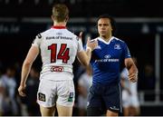 20 May 2016; Isa Nacewa of Leinster, right, shakes hands with Andrew Trimble of Ulster following the Guinness PRO12 Play-off match between Leinster and Ulster at the RDS Arena in Dublin. Photo by Seb Daly/Sportsfile