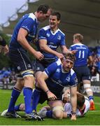 20 May 2016; Jamie Heaslip of Leinster, right, is congratulated by teammates Devin Toner and Jonathan Sexton after scoring his side's second try of the match during the Guinness PRO12 Play-off match between Leinster and Ulster at the RDS Arena in Dublin. Photo by Seb Daly/Sportsfile