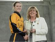 21 May 2016; Yvonne McMonigle of Ulster is presented with the player of the tournament award by LGFA president Marie Hickey following the MMI Ladies Football Interprovincial Football Cup Final, Ulster v Connacht, in Kinnegad, Co. Westmeath. Photo by Sam Barnes/Sportsfile