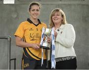 21 May 2016; Caroline O’Hanlon of Ulster is presented with he cup by LGFA President Marie Hickey following the MMI Ladies Football Interprovincial Football Cup Final, Ulster v Connacht, in Kinnegad, Co. Westmeath. Photo by Sam Barnes/Sportsfile
