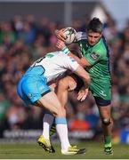 21 May 2016; Tiernan O’Halloran of Connacht is tackled by Mark Bennett of Glasgow Warriors during the Guinness PRO12 Play-off match between Connacht and Glasgow Warriors at the Sportsground in Galway. Photo by Ramsey Cardy/Sportsfile