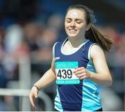 21 May 2016; Emily Nolan, Scoil Mhuire Carrick on Suir, after winning the Girls intermediate 300 Meter final. GloHealth Munster Schools Track & Field Championships, Waterford Regional Sports Centre, Waterford. Photo by Eóin Noonan/Sportsfile