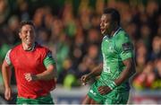 21 May 2016; Niyi Adeolokun of Connacht celebrates after scoring his side's first try of the game during the Guinness PRO12 Play-off match between Connacht and Glasgow Warriors at the Sportsground in Galway. Photo by Ramsey Cardy/Sportsfile