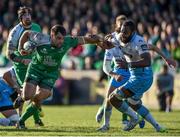 21 May 2016; Ronan Loughney of Connacht is tackled by Leone Nakarawa of Glasgow Warriors during the Guinness PRO12 Play-off match between Connacht and Glasgow Warriors at the Sportsground in Galway. Photo by Ramsey Cardy/Sportsfile