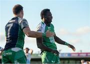 21 May 2016; Niyi Adeolokun, right, and Jake Heenan of Connacht celebrate a try which was disallowed during the Guinness PRO12 Play-off match between Connacht and Glasgow Warriors at the Sportsground in Galway. Photo by Ramsey Cardy/Sportsfile