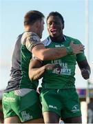 21 May 2016; Niyi Adeolokun, right, and Jake Heenan of Connacht celebrate a try which was disallowed during the Guinness PRO12 Play-off match between Connacht and Glasgow Warriors at the Sportsground in Galway. Photo by Ramsey Cardy/Sportsfile