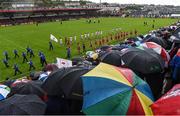 22 May 2016; The two teams parade before the start of the Ulster GAA Football Senior Championship, Quarter-Final, at Celtic Park, Derry.  Photo by Sportsfile