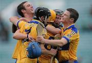 25 June 2010; Clare players, from left, Kevin Lynch, Stephen O'Halloran, Colm Galvin, Tony Kelly and captain Paul Flanagan celebrate at the final whistle. ESB Munster GAA Hurling Minor Championship Semi-Final, Limerick v Clare, Gaelic Grounds, Limerick. Picture credit: Diarmuid Greene / SPORTSFILE