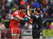 22 May 2016; Christopher McKaigue of Derry is shown a red card and sent off by referee David Coldrick during the Ulster GAA Football Senior Championship, Quarter-Final, at Celtic Park, Derry.  Photo by Sportsfile