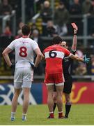 22 May 2016; Christopher McKaigue of Derry is shown a red card by referee David McGoldrick during the Ulster GAA Football Senior Championship, Quarter-Final between Derry and Tyrone at Celtic Park, Derry. Photo by Philip Fitzpatrick/SPORTSFILE