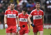 22 May 2016; A disappointed Gareth McKinless of Derry flanked by Ryan Bell and Niall Holly comes off the field at half time in the Ulster GAA Football Senior Championship, Quarter-Final, at Celtic Park, Derry.  Photo by Oliver McVeigh/Sportsfile