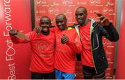 22 May 2016; Peter Somba, left, second place, Dan Tanui, centre, first place, and Eric Koech, right, third place, following the 2016 Virgin Media Night Run in Dublin City Centre, Dublin.  Photo by Seb Daly/Sportsfile
