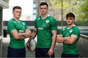 23 May 2016; From left, Jacob Stockdale, James Ryan and Bill Johnston of Ireland U20 during a press conference in PWC Head Office, Spencer Dock, Dublin. Photo by Sam Barnes/Sportsfile