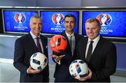 23 May 2016; TV3 host Tommy Martin, centre, with Neil Lennon and Graeme Souness pictured at the Virgin Media TV3 HD Studio to announce TV3’s Euro 2016 coverage plans. New additions to TV3’s football coverage include Joey Barton, Keith Andrews, Gerry Armstrong and Lawrie Sanchez while Harry Redknapp and Kevin Kilbane will also be regular contributors throughout the tournament. TV3 will broadcast 22 live UEFA Euro 2016 matches this summer kicking off on Saturday 11th June with the pick of the opening weekend matches; England’s tournament opener against Russia. Following this opening game on TV3, the broadcaster will air 20 other games exclusively live from UEFA Euro 2016 live on Free-To-Air television in Ireland, including matches from the last 16 and quarter finals. TV3 will also broadcast the final on 10th July in Paris. Virgin Media TV3 HD Studio, Ballymount, Dublin. 22 May 2016; Neil Lennon and Graeme Souness pictured at the Virgin Media TV3 HD Studio today to announce TV3’s Euro 2016 coverage plans. New additions to TV3’s football coverage include Joey Barton, Keith Andrews, Gerry Armstrong and Lawrie Sanchez while Harry Redknapp and Kevin Kilbane will also be regular contributors throughout the tournament. TV3 will broadcast 22 live UEFA Euro 2016 matches this summer kicking off on Saturday 11th June with the pick of the opening weekend matches; England’s tournament opener against Russia. Following this opening game on TV3, the broadcaster will air 20 other games exclusively live from UEFA Euro 2016 live on Free-To-Air television in Ireland, including matches from the last 16 and quarter finals. TV3 will also broadcast the final on 10th July in Paris. Virgin Media TV3 HD Studio, Ballymount, Dublin. Photo by Ray McManus/Sportsfile