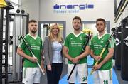 30 May 2016; The Irish Men’s Hockey team has launched a major fundraising drive ahead of the Rio Olympics, and the Ballsbridge énergie fitness club is among the first to put their weight behind the international side. Ballsbridge énergie is to sponsor the upcoming Korea Match Series in Dublin, four exciting international home-fixtures that are part of a number of match series the Green Machine has lined up in preparation for the Rio Olympics. The Korea series opener is on Tuesday May 31st and all matches will be played in the Merrion Fleet Arena, Rathdown School, Dublin. The second match is on Thursday evening with afternoon fixtures scheduled for both Saturday 4th and Sunday 5th June, the bank holiday weekend. Pictured at the announcement were Hockey players Alan Sothern, left, Kyle Good, and Shane O'Donoghue, right, with with Yvonne Brady, Energie Fitness Gym. Energie Fitness Gym, The Oval, Dublin. Photo by Sportsfile
